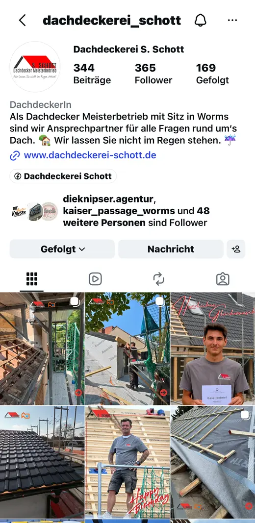 Instagram-Profil Dachdeckerei S. Schott — betreut von DIE KNIPSER