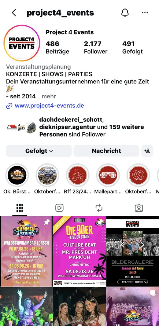 Instagram-Profil Project 4 Events — betreut von DIE KNIPSER