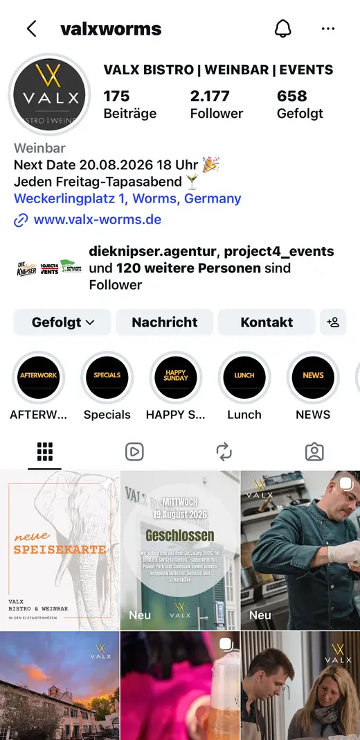 Instagram-Profil VALX Bistro & Weinbar Worms — betreut von DIE KNIPSER